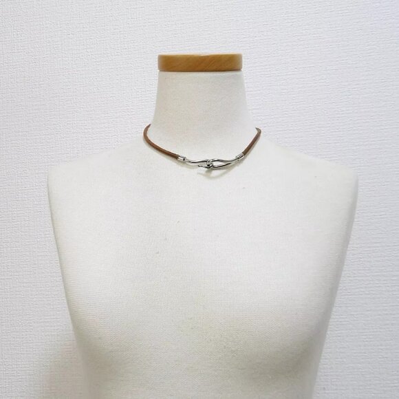 Auth HERMES Silvertone Jumbo Hook Brown Leather Necklace Double Bracelet - Picture 1 of 16